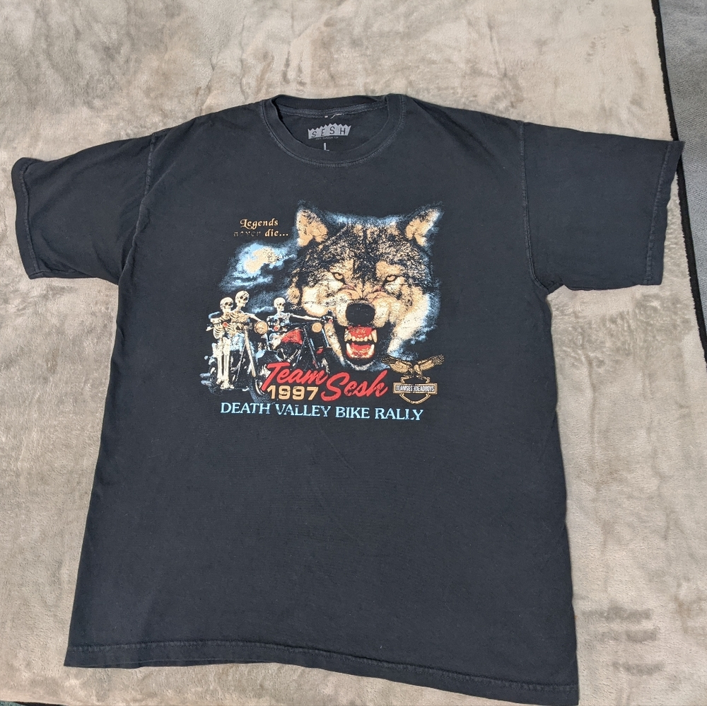 TeamSesh Skeleton / Wolf Bike Rally 1997 T-Shirt by Tyrus Creek